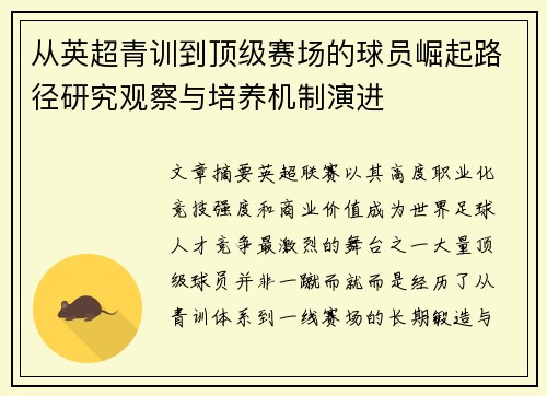 从英超青训到顶级赛场的球员崛起路径研究观察与培养机制演进