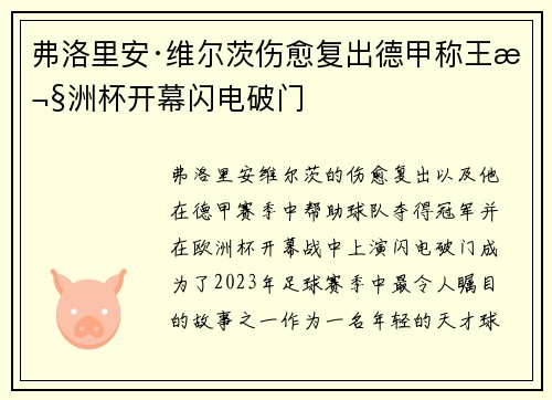 弗洛里安·维尔茨伤愈复出德甲称王欧洲杯开幕闪电破门